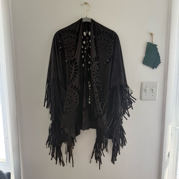 Raj Jackets & Blazers - Raj Black Boho Cutout Fringe Shawl